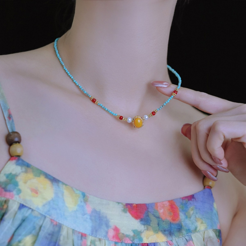 Pearl Choker Necklace Vintage - 새로운 빈티지 블루 터키석과 밀랍 천연